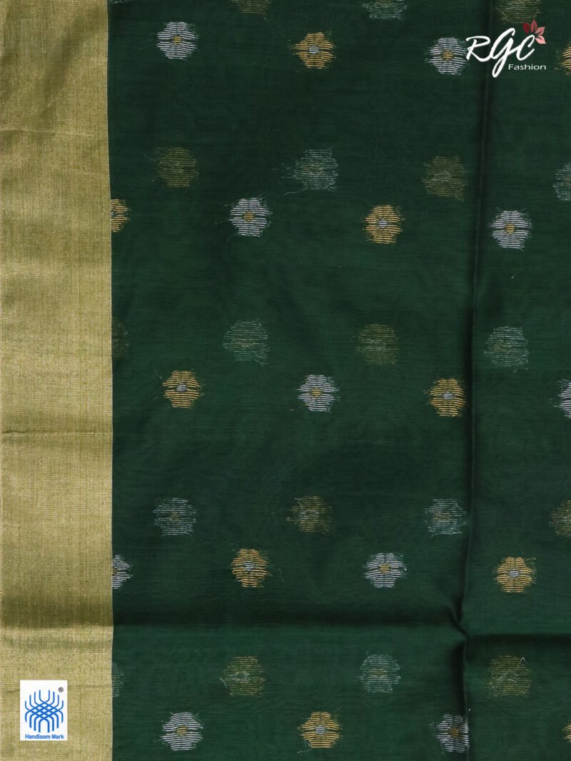 Bottle Green Cotton Silk Zari Jamdani Saree - Image 3