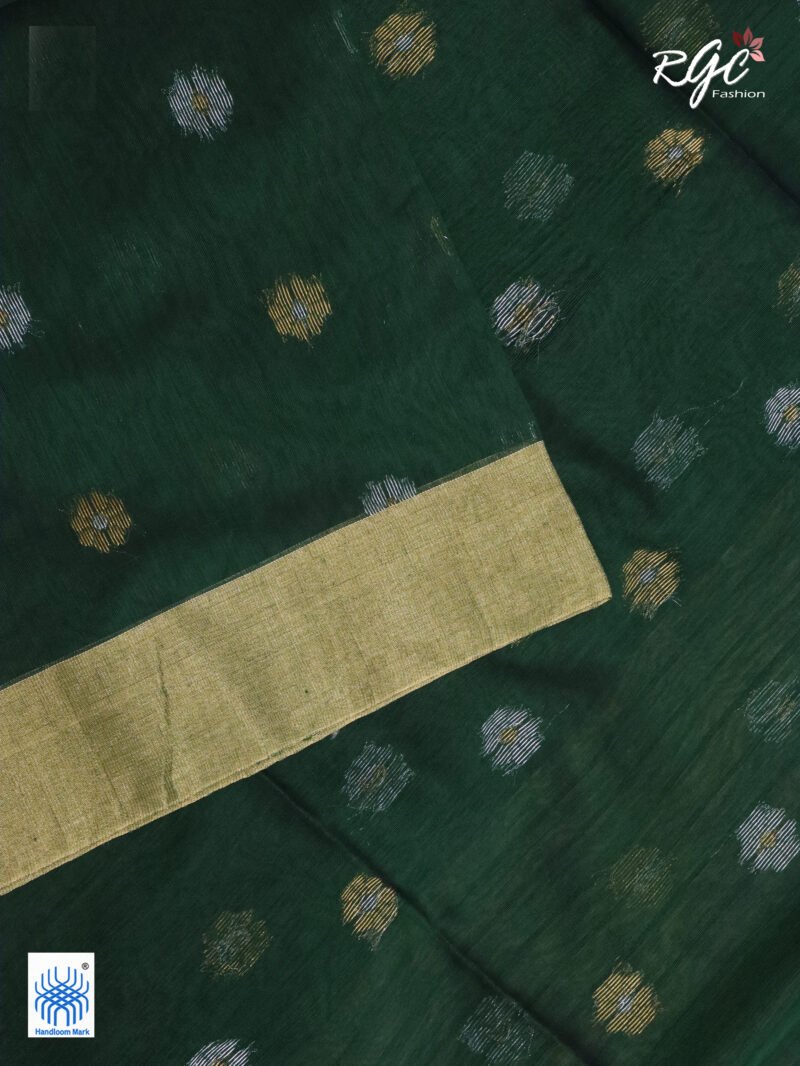 Bottle Green Cotton Silk Zari Jamdani Saree - Image 4