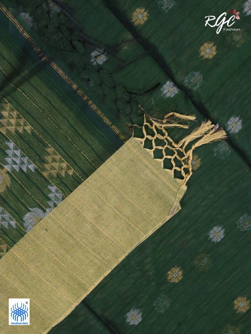 Bottle Green Cotton Silk Zari Jamdani Saree - Image 5