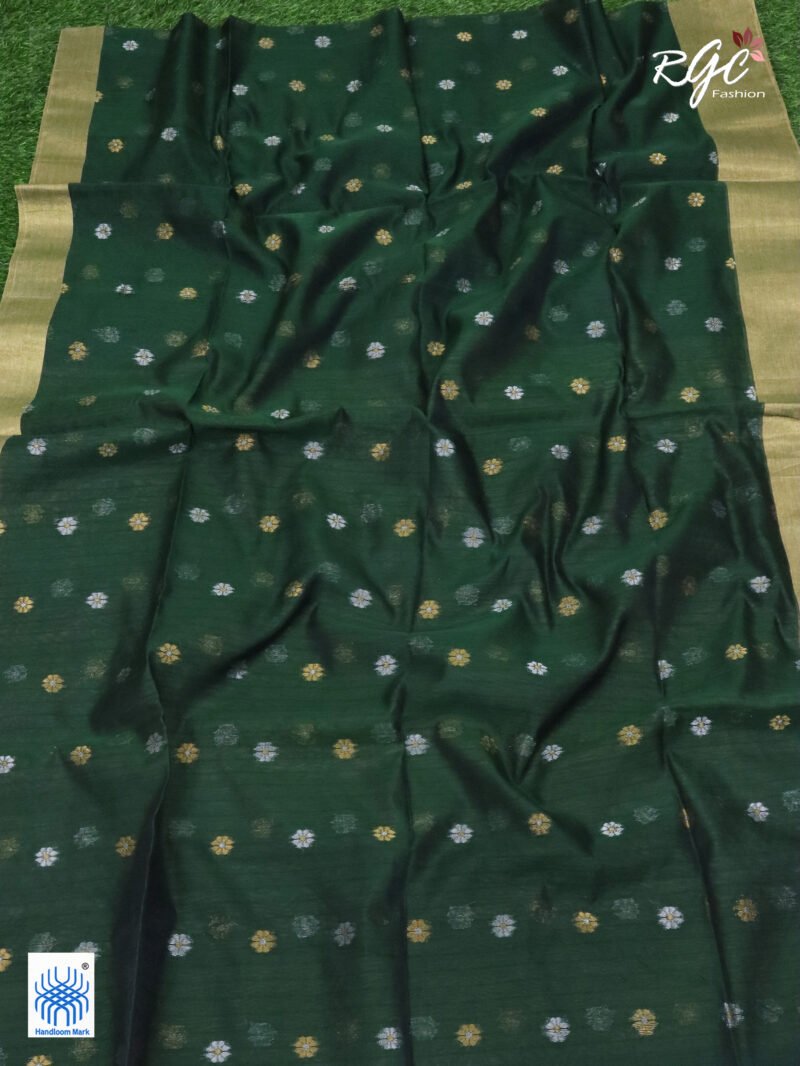 Bottle Green Cotton Silk Zari Jamdani Saree - Image 7