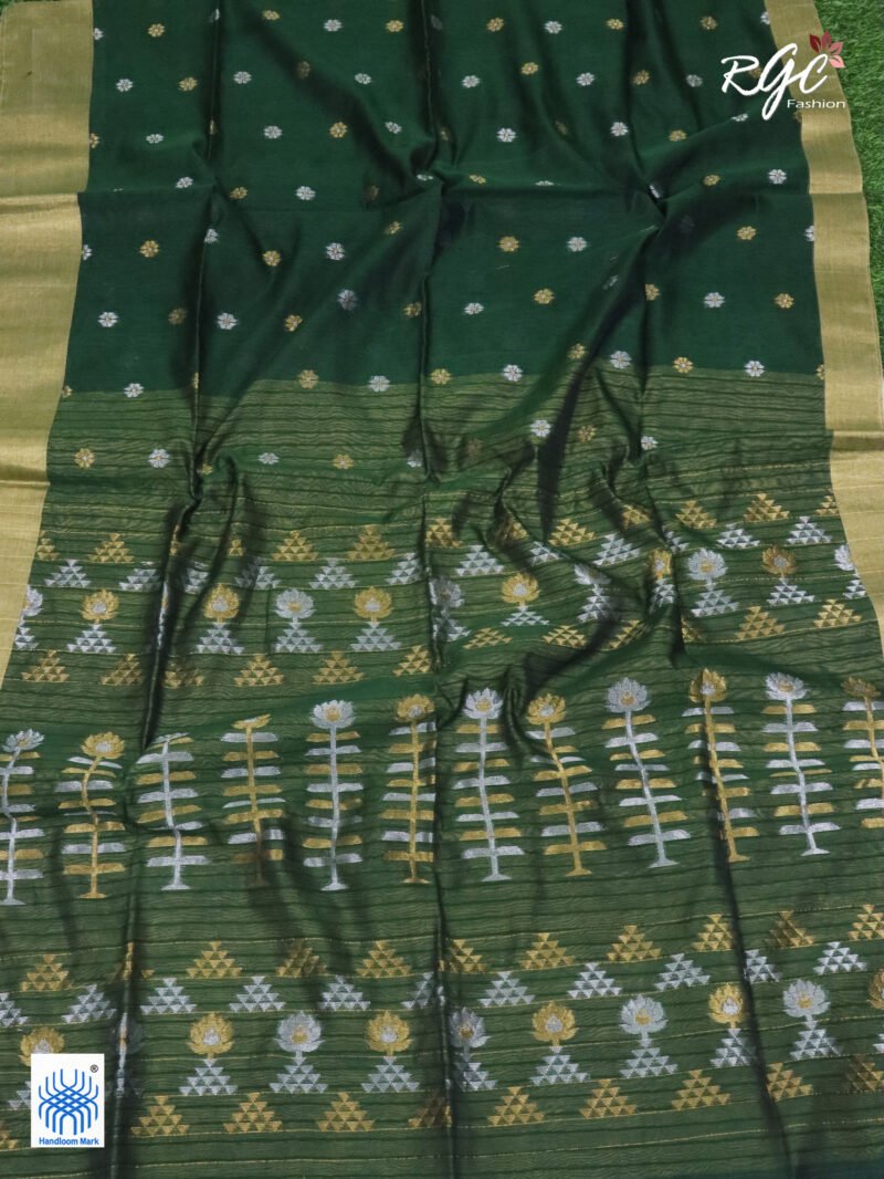Bottle Green Cotton Silk Zari Jamdani Saree - Image 8
