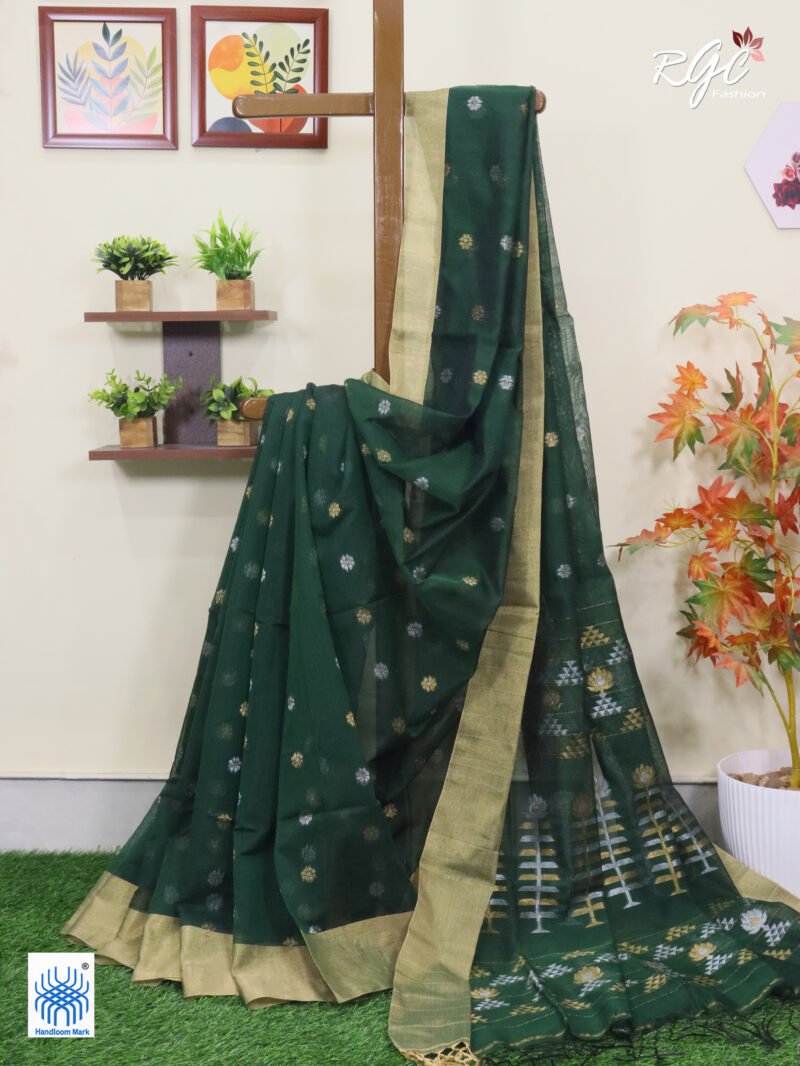 Bottle Green Cotton Silk Zari Jamdani Saree
