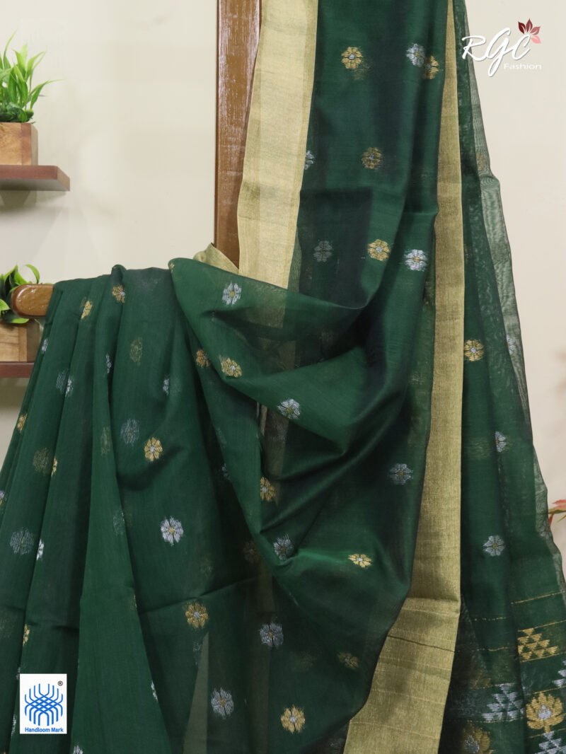 Bottle Green Cotton Silk Zari Jamdani Saree - Image 2