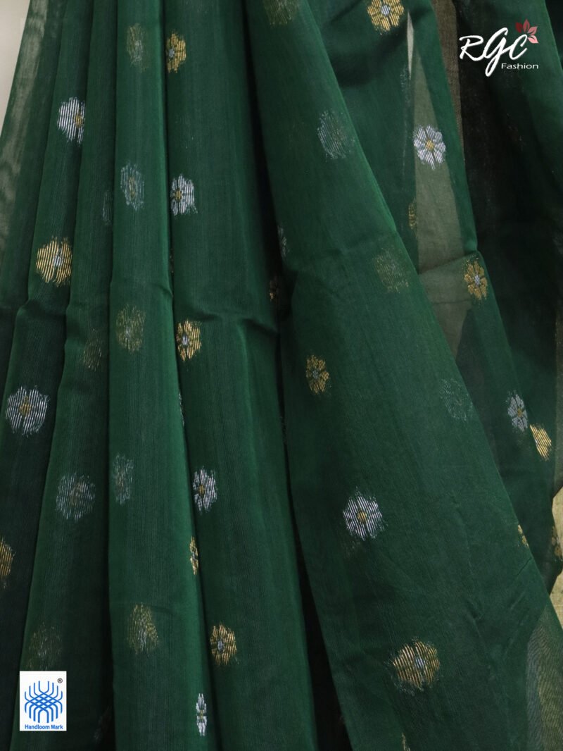Bottle Green Cotton Silk Zari Jamdani Saree - Image 10
