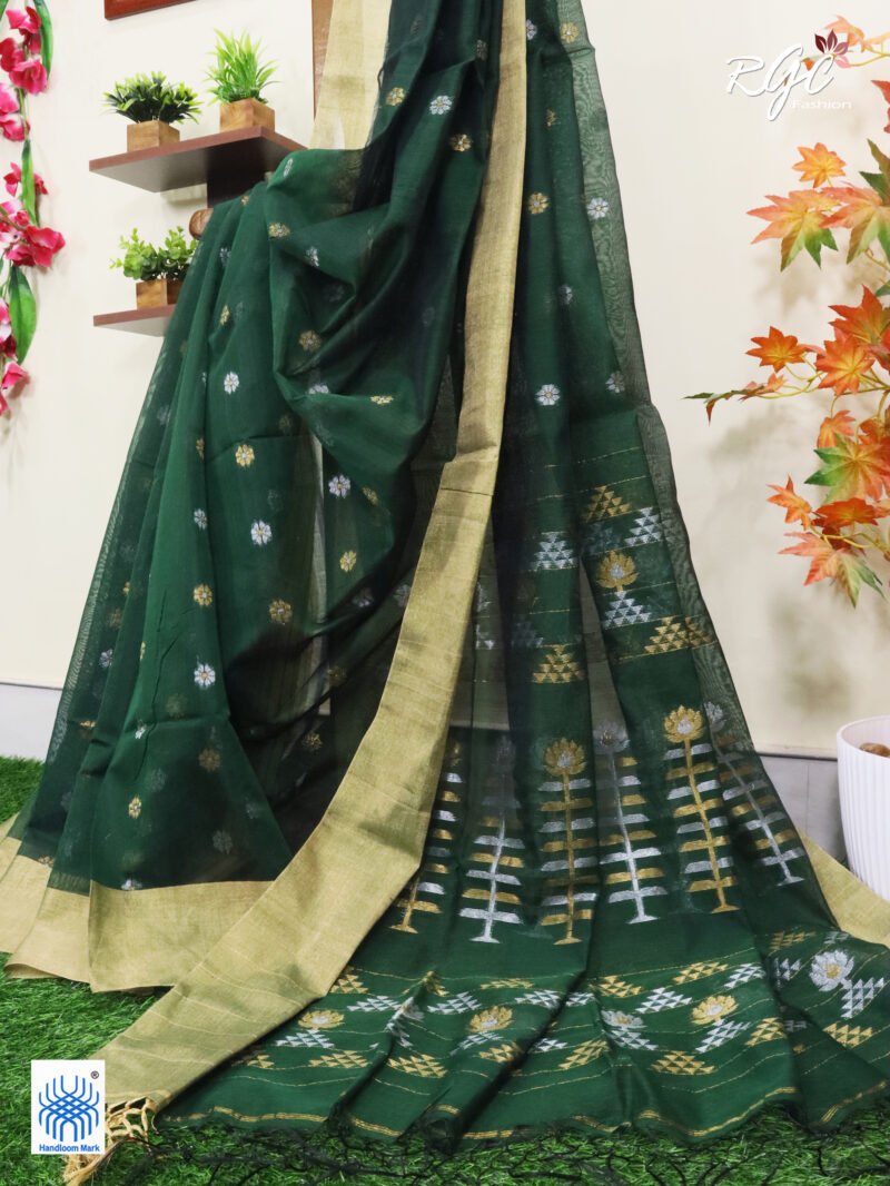 Bottle Green Cotton Silk Zari Jamdani Saree - Image 9