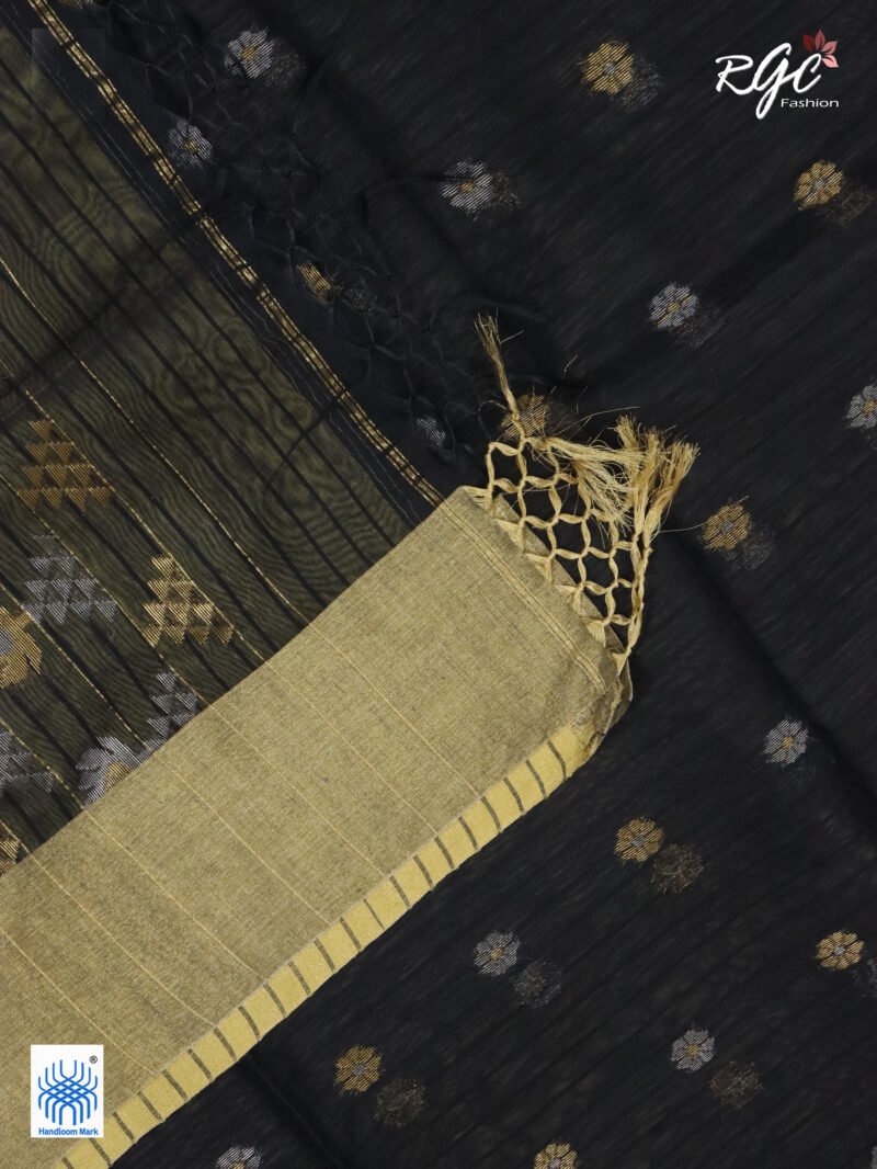 Black Cotton Silk Zari Jamdani Saree - Image 8