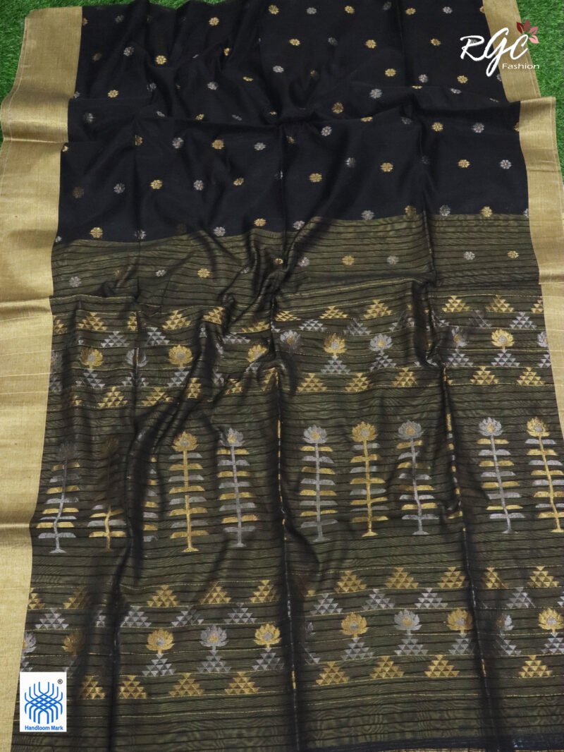 Black Cotton Silk Zari Jamdani Saree - Image 6