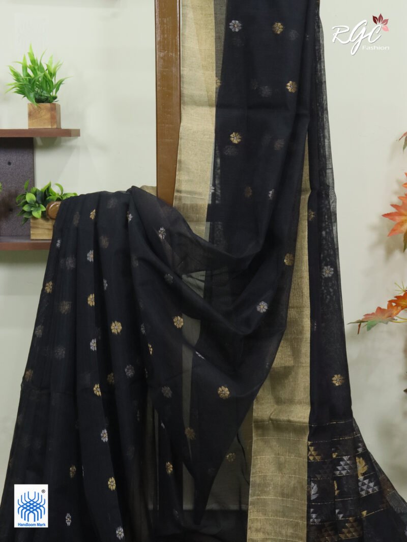 Black Cotton Silk Zari Jamdani Saree - Image 2