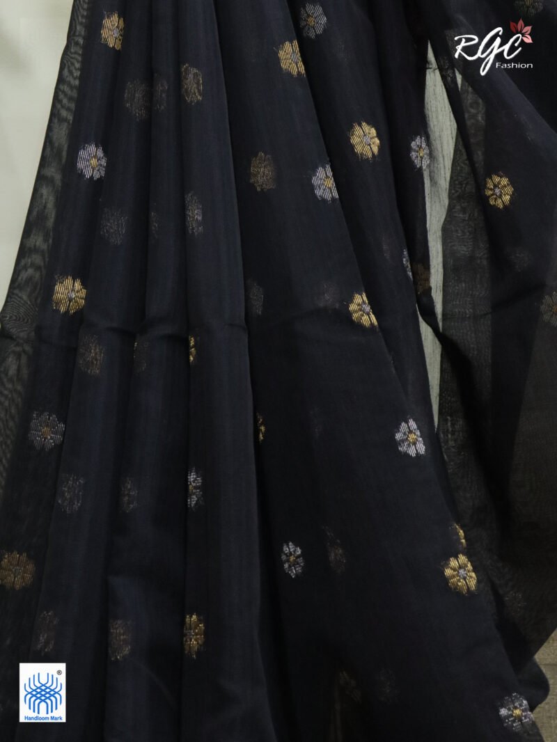 Black Cotton Silk Zari Jamdani Saree - Image 3