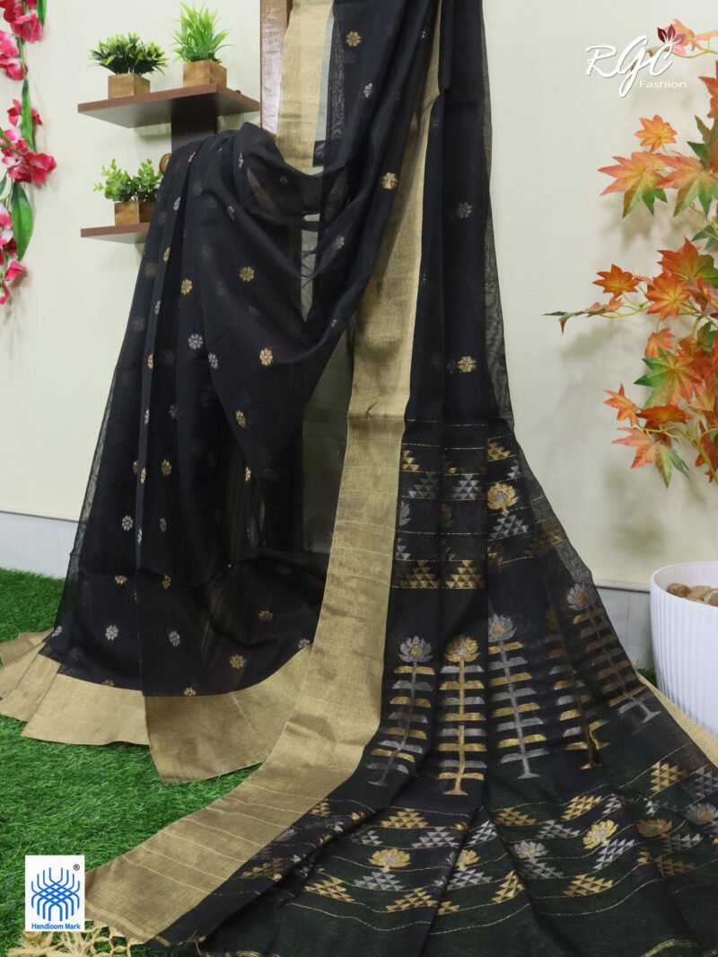 Black Cotton Silk Zari Jamdani Saree - Image 4