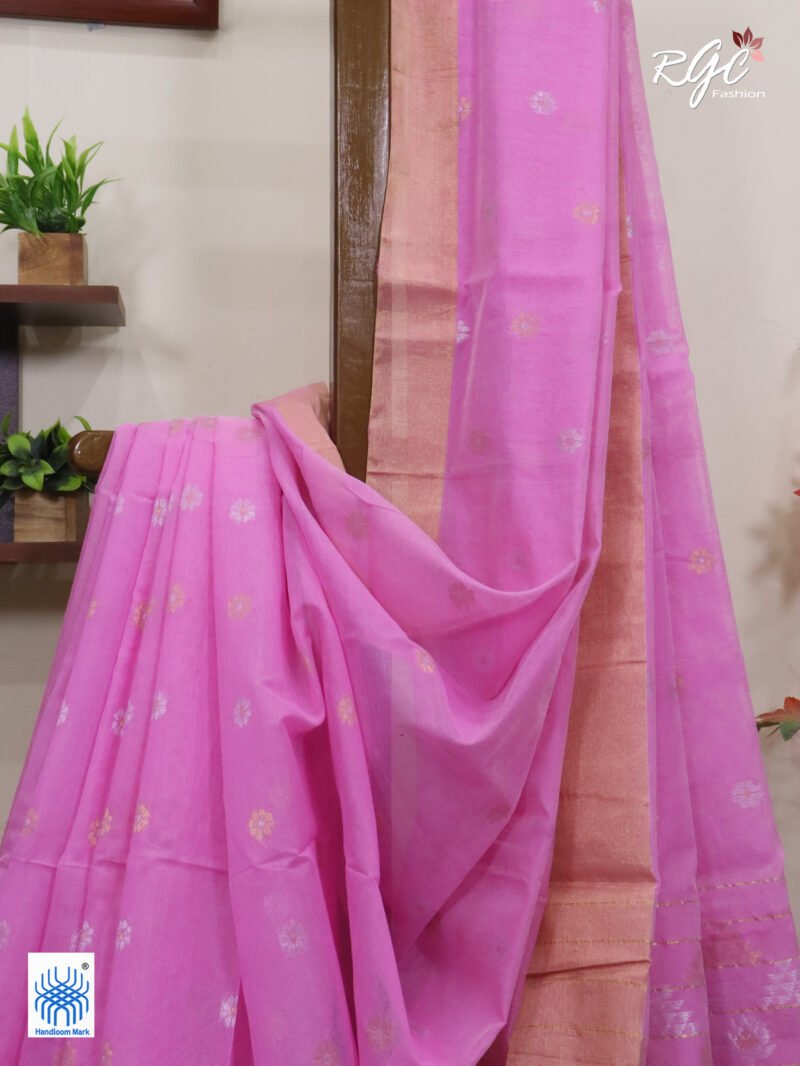 Pink Cotton Silk Zari Jamdani Saree - Image 2
