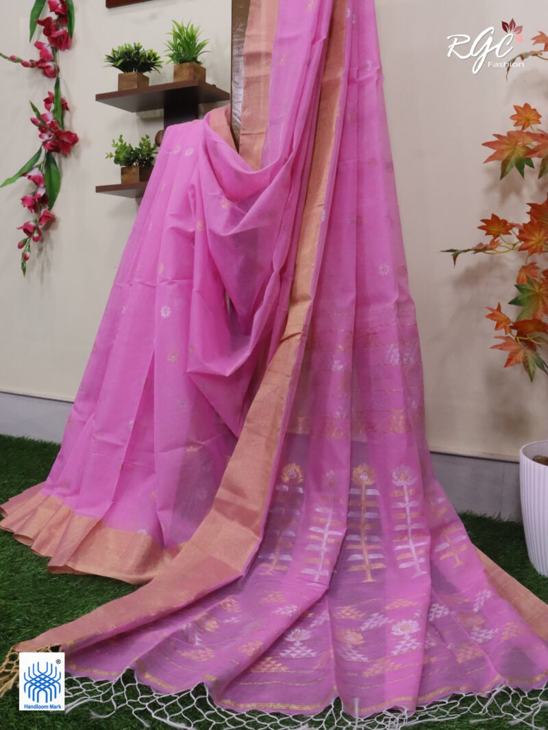 Pink Cotton Silk Zari Jamdani Saree - Image 4