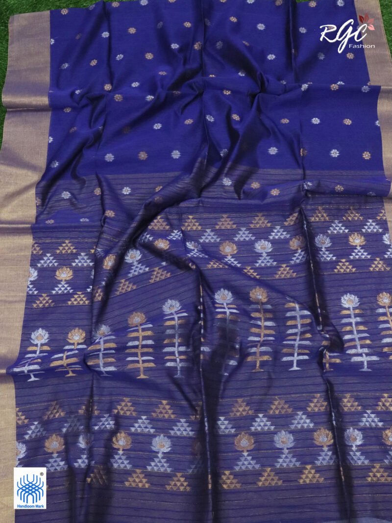 Blue Cotton Silk Zari Jamdani Saree - Image 6