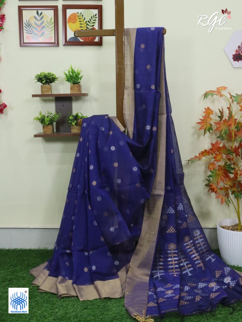 Blue Cotton Silk Zari Jamdani Saree