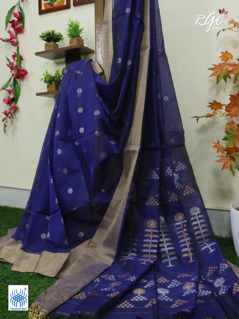 Blue Cotton Silk Zari Jamdani Saree - Image 4