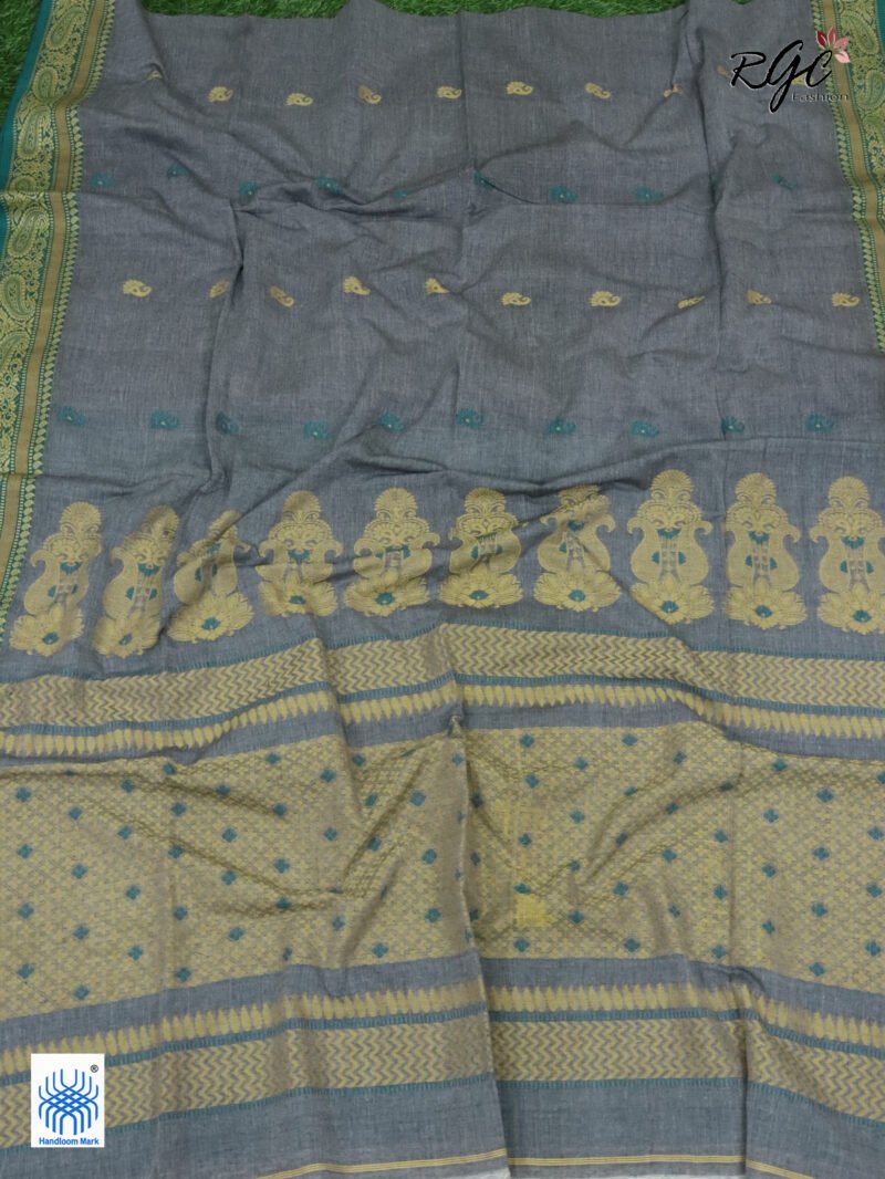 Gray Bengal Pure Cotton Traditional Saree - Image 5