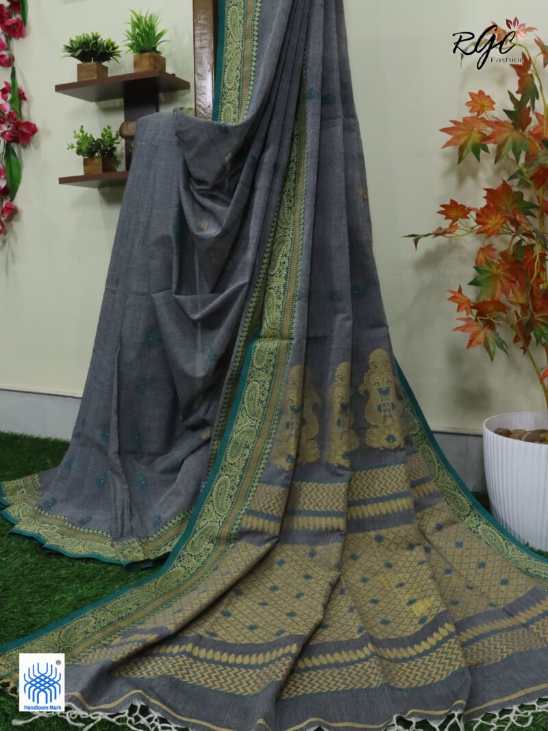 Gray Bengal Pure Cotton Traditional Saree - Image 2