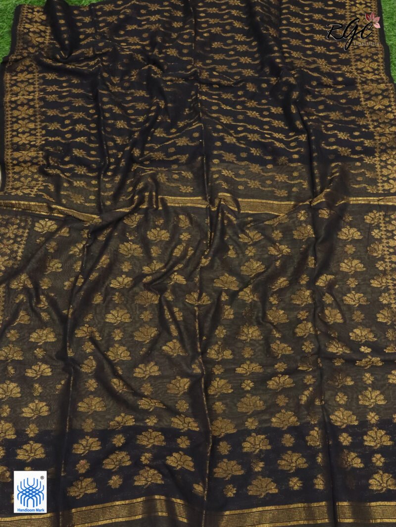 Black Pure Cotton Allover Jamdani Saree - Image 4