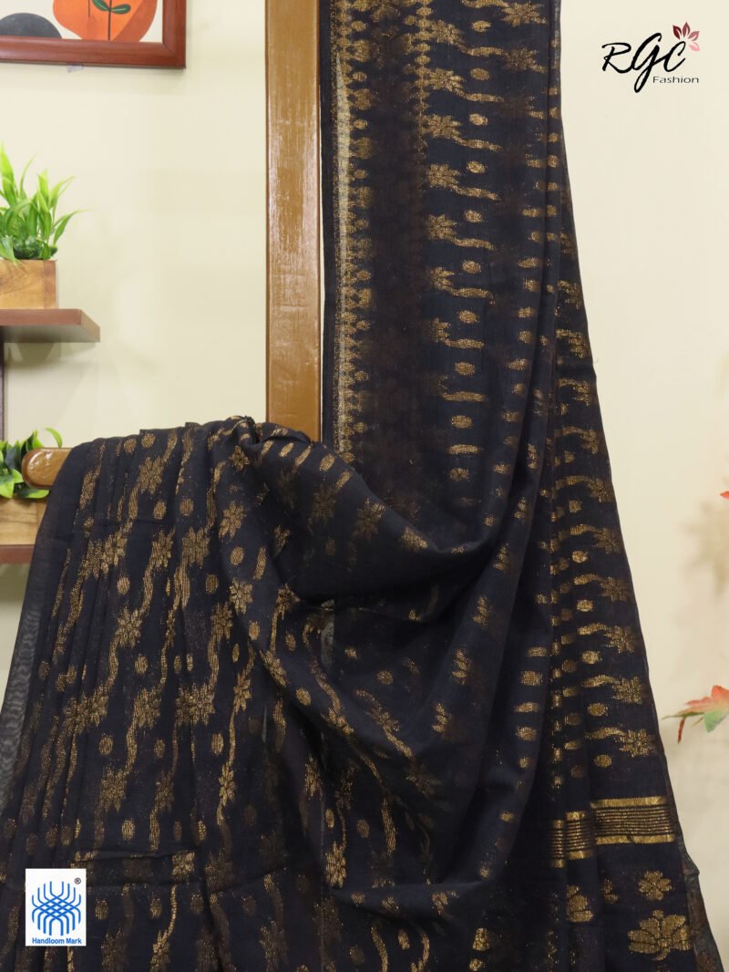 Black Pure Cotton Allover Jamdani Saree - Image 2
