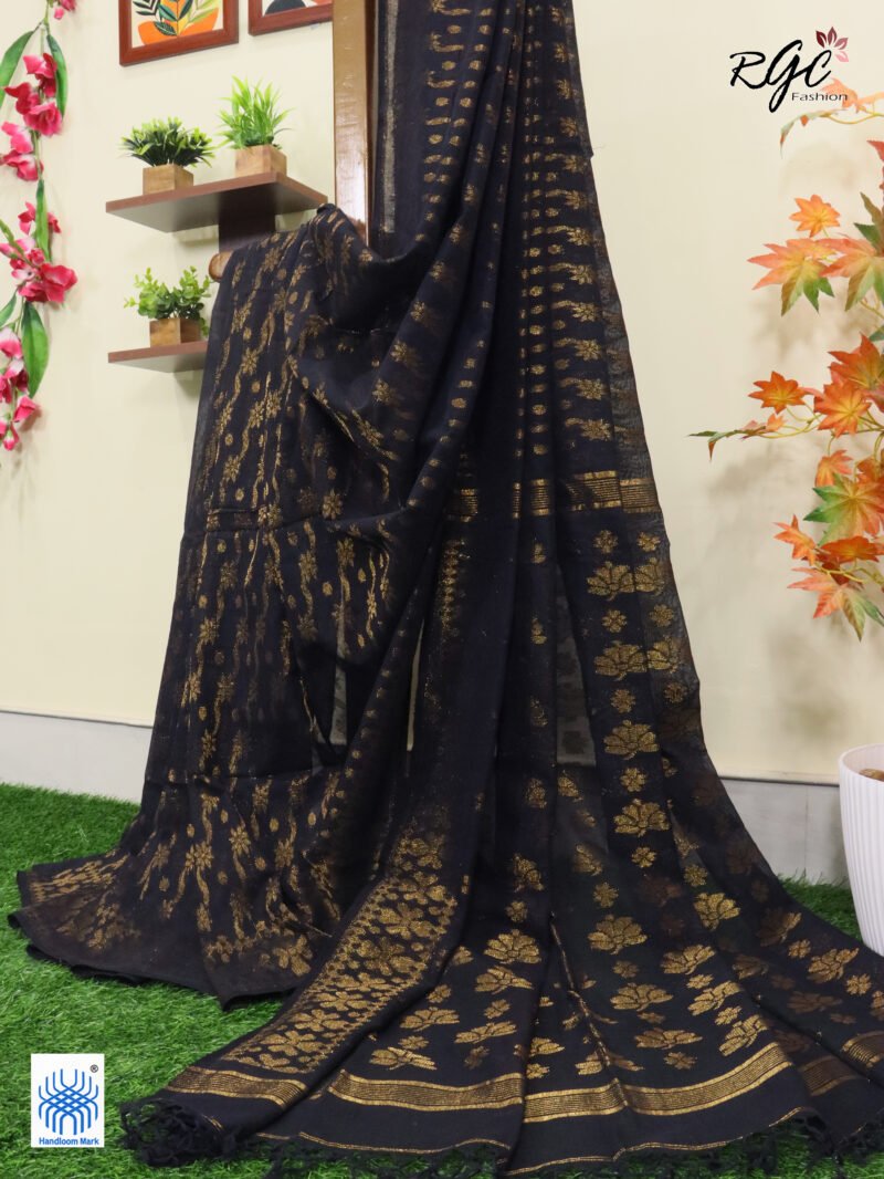 Black Pure Cotton Allover Jamdani Saree - Image 7