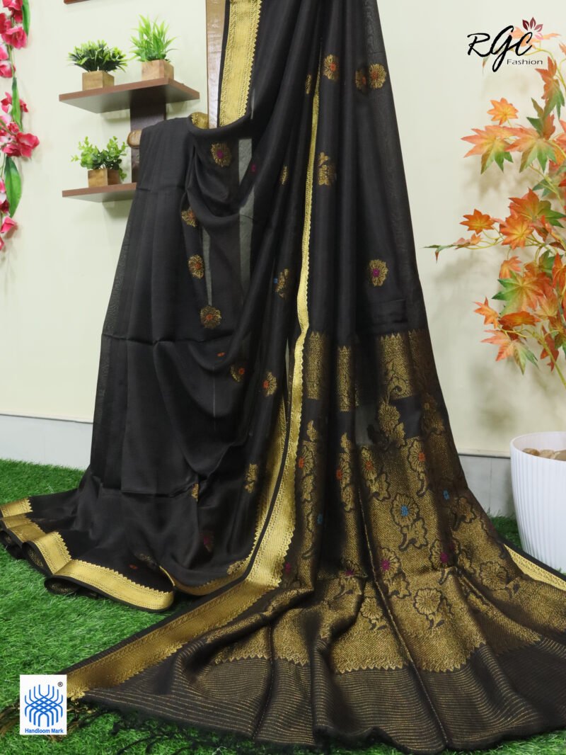 Black Bengal Katan Silk Benarasi Saree - Image 10