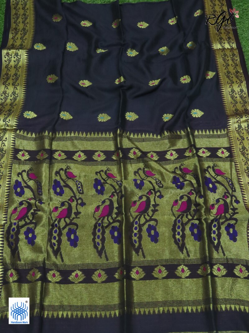 Black Bengal Katan Silk Paithani Saree - Image 6