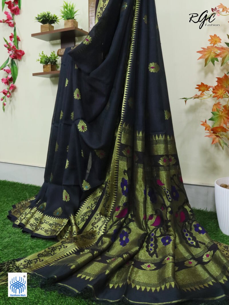 Black Bengal Katan Silk Paithani Saree - Image 10