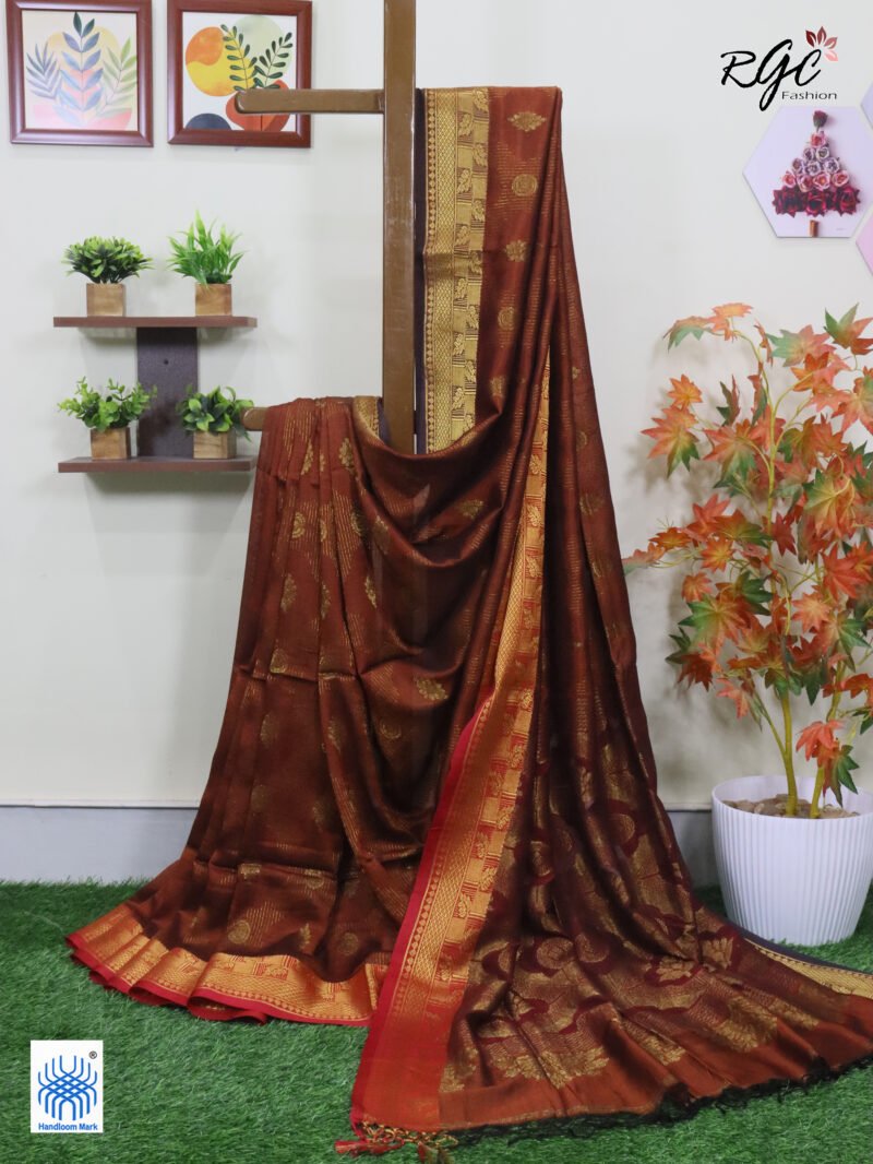 Rust Bengal Katan Silk Zari Emboss Saree
