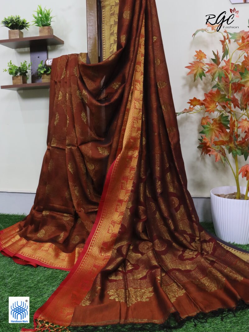 Rust Bengal Katan Silk Zari Emboss Saree - Image 10