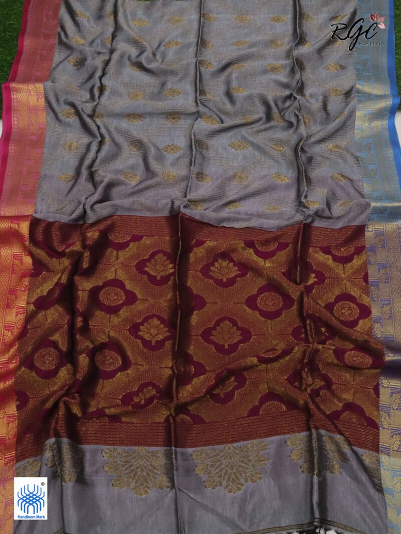 Gray Bengal Katan Silk Zari Emboss Saree - Image 6