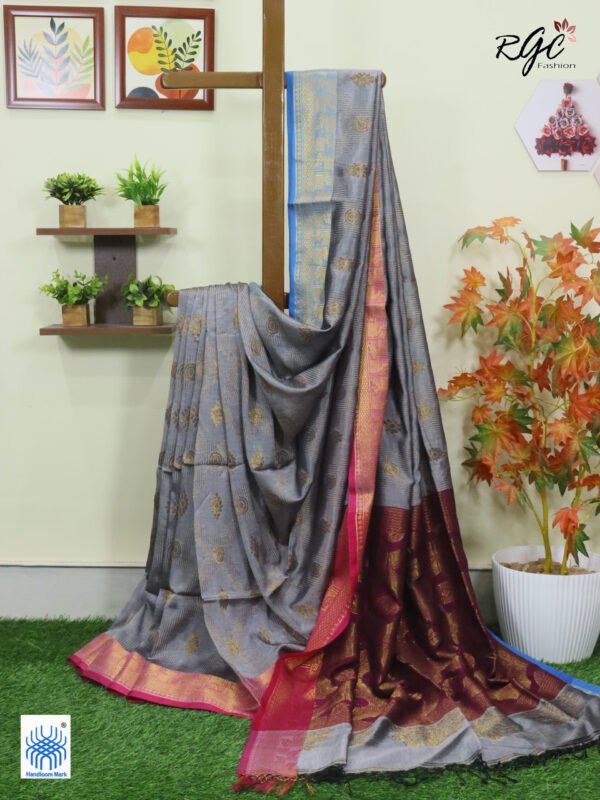 Gray Bengal Handloom Katan Silk Zari Emboss Saree