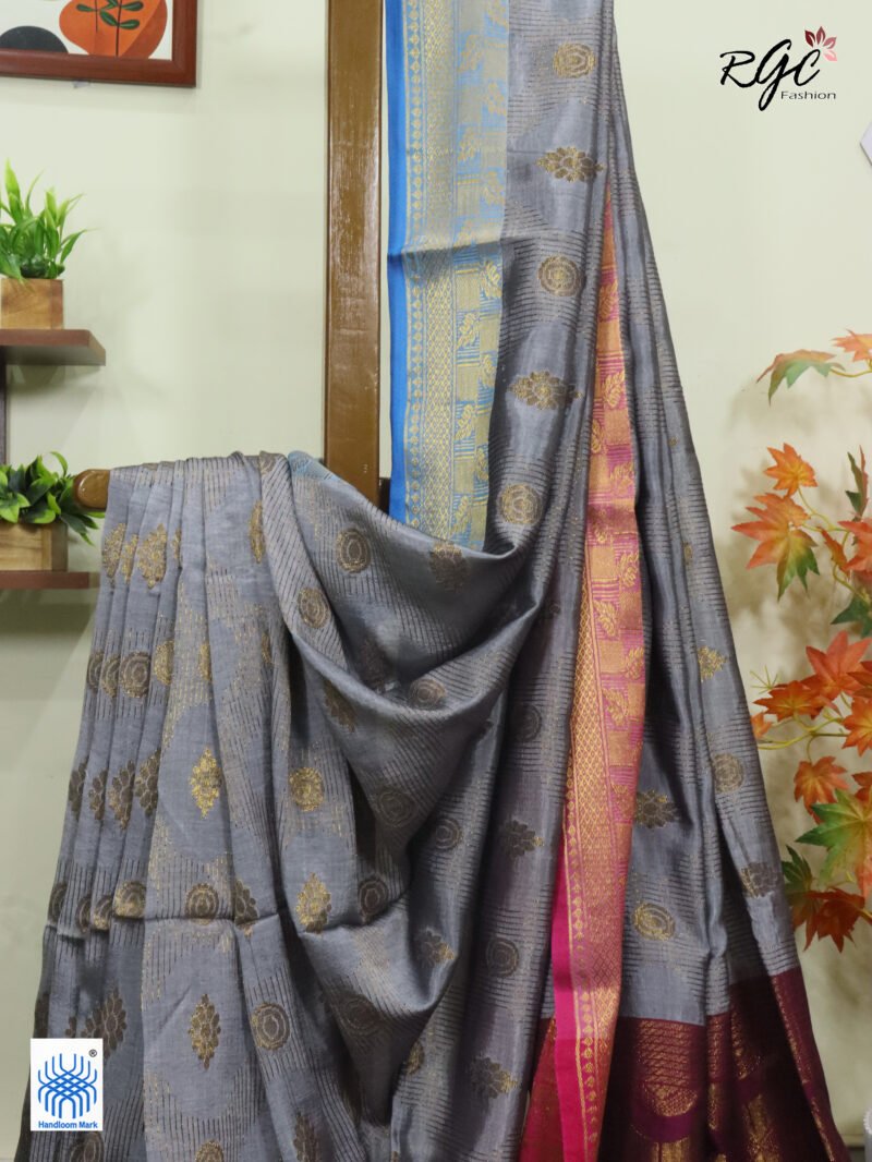Gray Bengal Katan Silk Zari Emboss Saree - Image 8