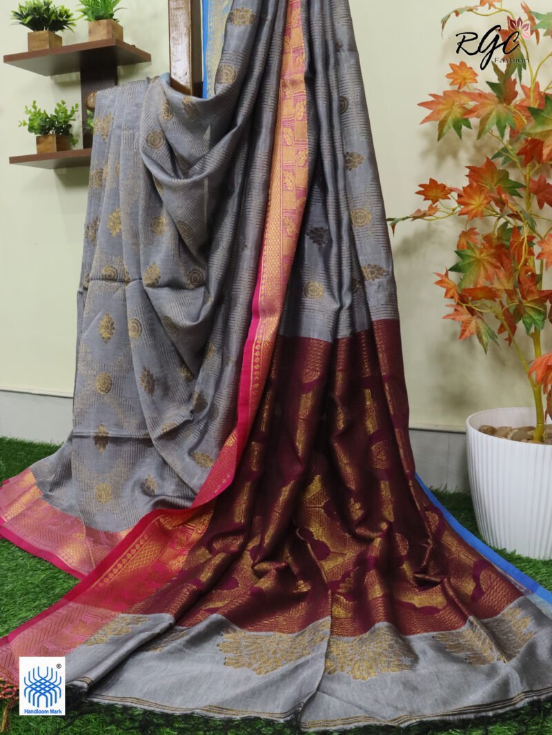 Gray Bengal Katan Silk Zari Emboss Saree - Image 10