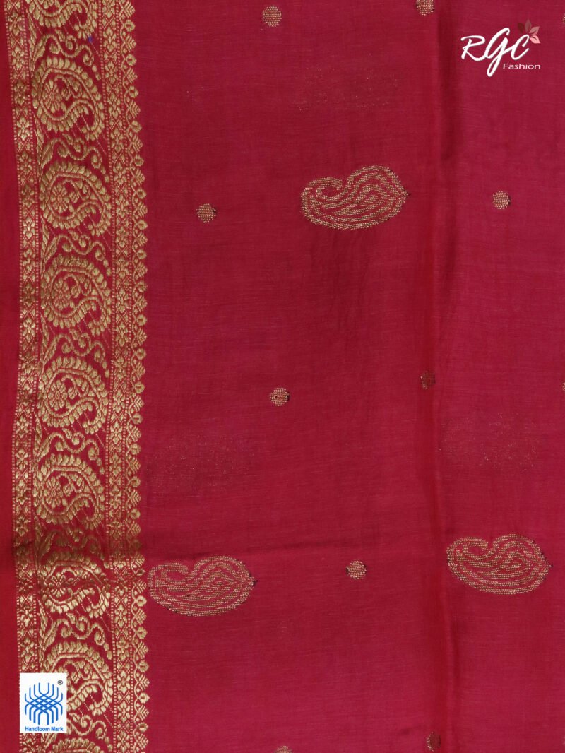 Red Paisley Design Organic Linen Benarasi Saree - Image 3