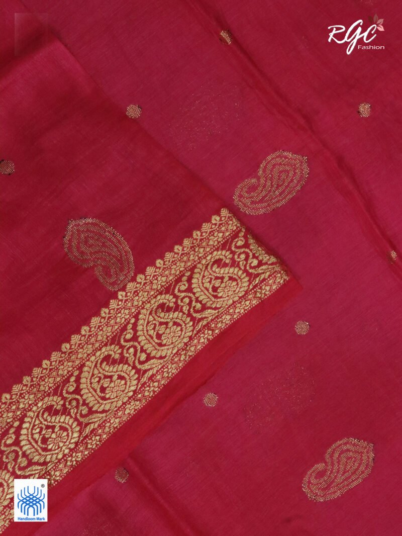 Red Paisley Design Organic Linen Benarasi Saree - Image 4