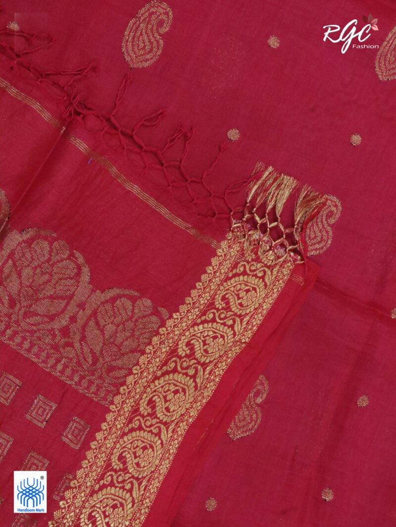Red Paisley Design Organic Linen Benarasi Saree - Image 5