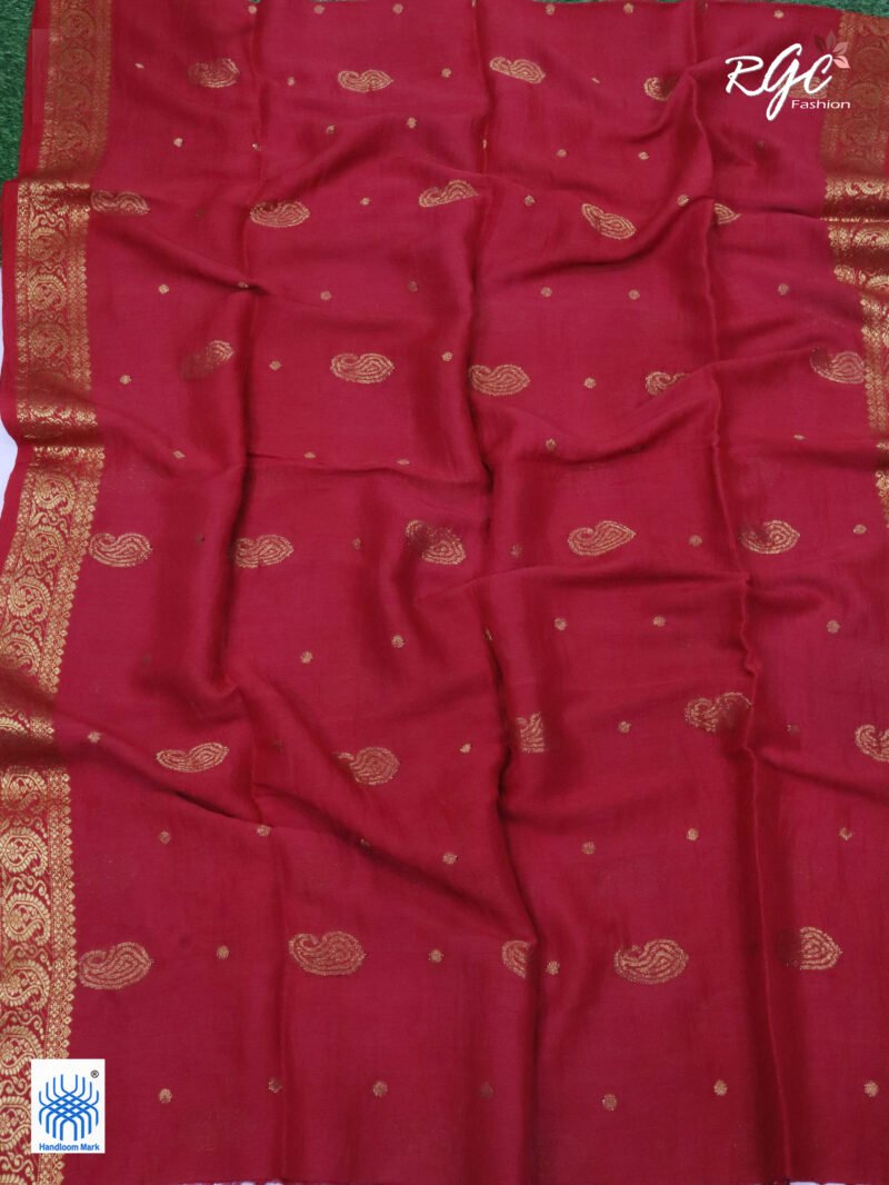 Red Paisley Design Organic Linen Benarasi Saree - Image 7