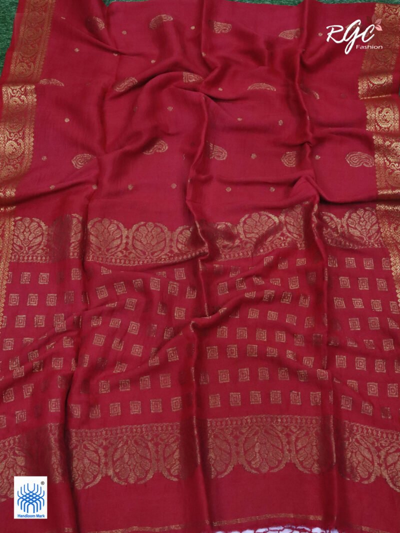Red Paisley Design Organic Linen Benarasi Saree - Image 8