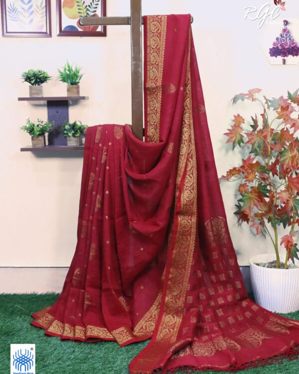 Red Paisley Design Organic Linen Benarasi Saree