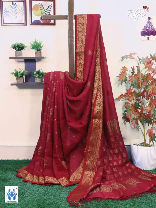Red Paisley Design Organic Linen Benarasi Saree