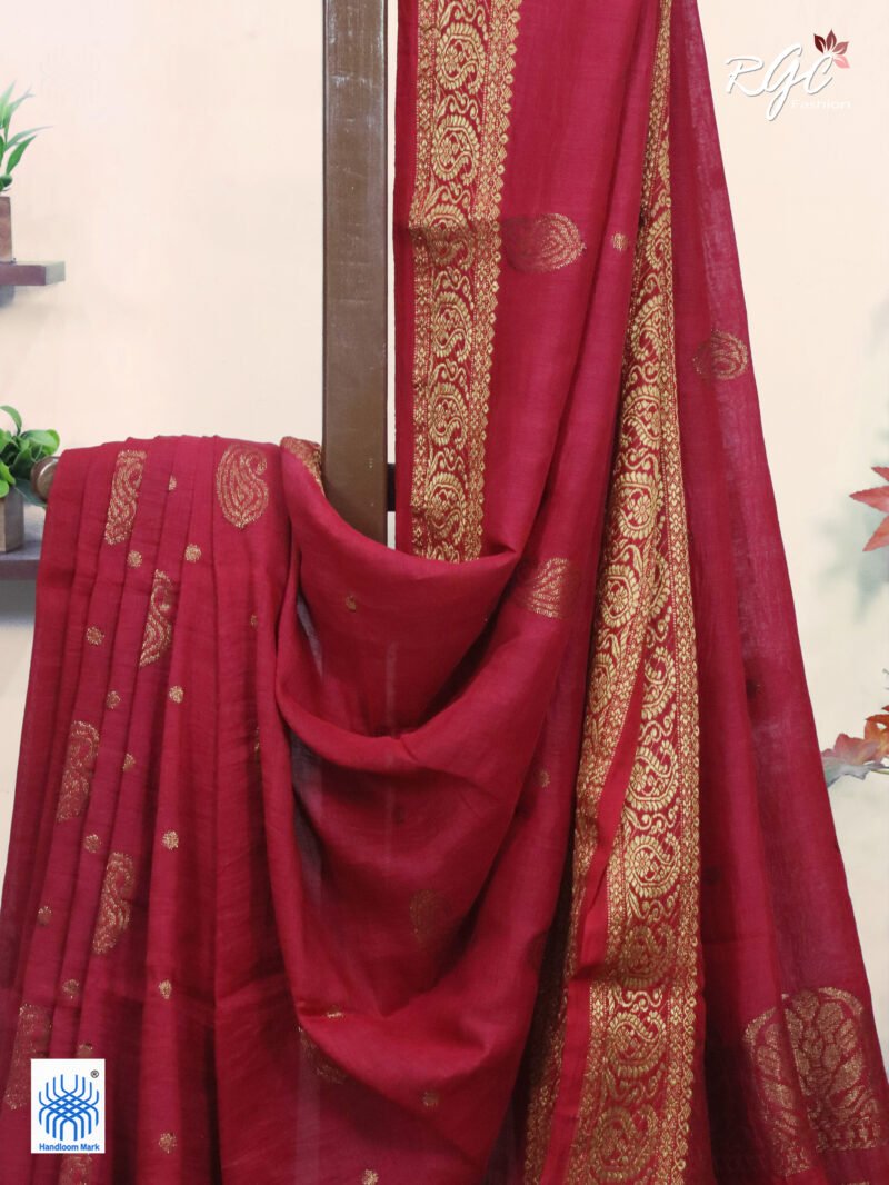 Red Paisley Design Organic Linen Benarasi Saree - Image 2