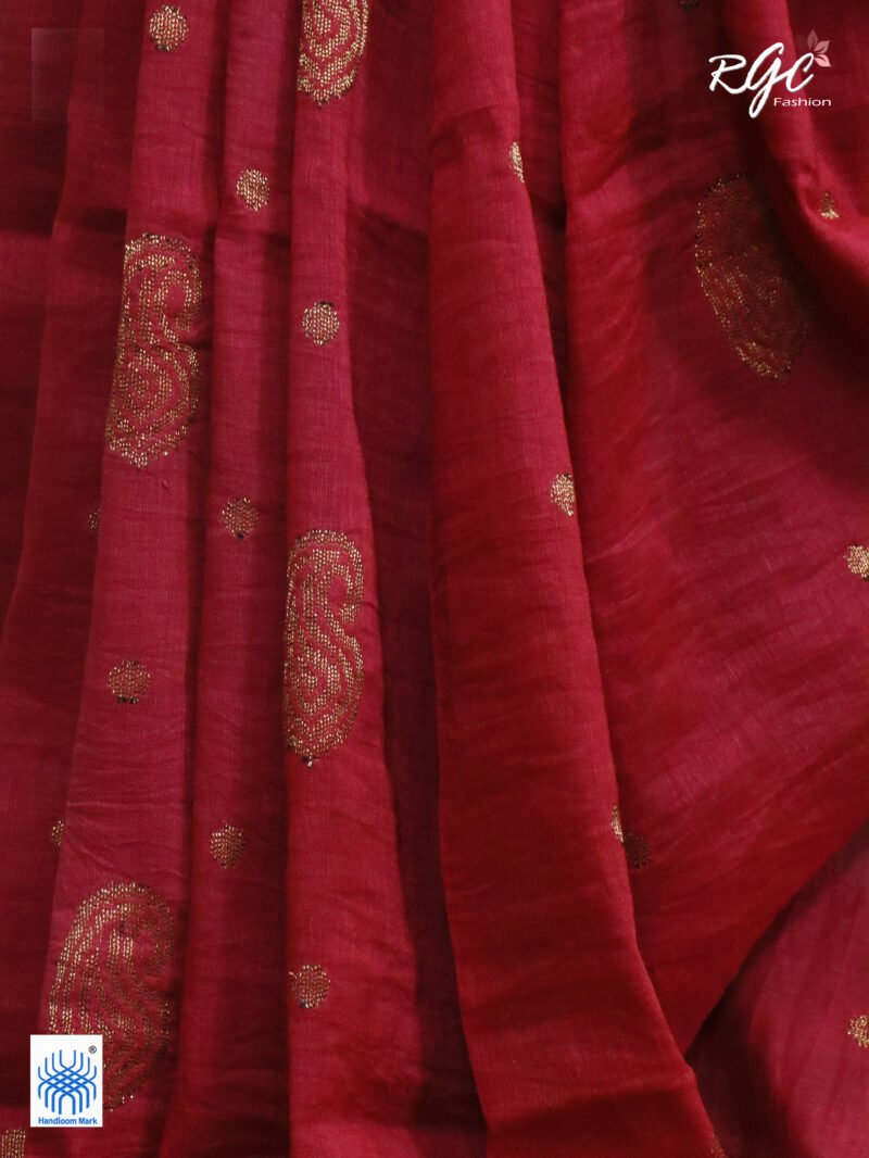Red Paisley Design Organic Linen Benarasi Saree - Image 10