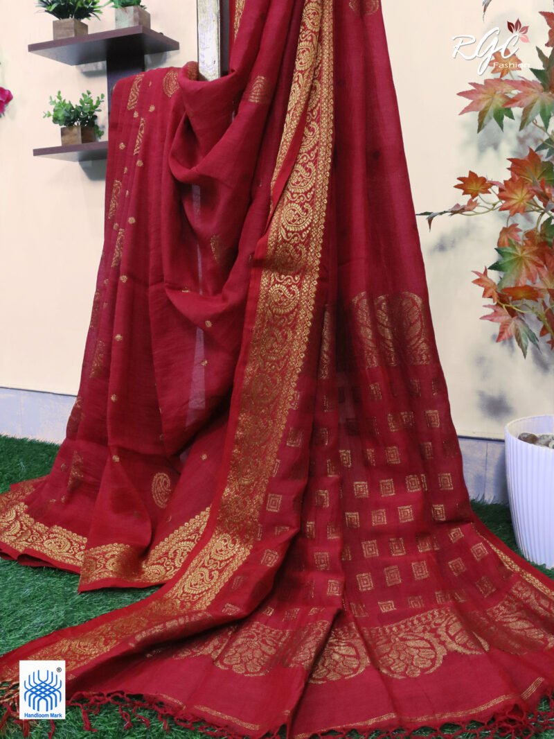 Red Paisley Design Organic Linen Benarasi Saree - Image 6