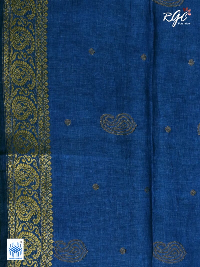 Greenish Blue Paisley Design Organic Linen Benarasi Saree - Image 9