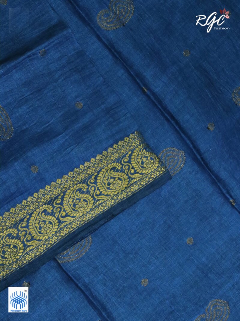Greenish Blue Paisley Design Organic Linen Benarasi Saree - Image 7