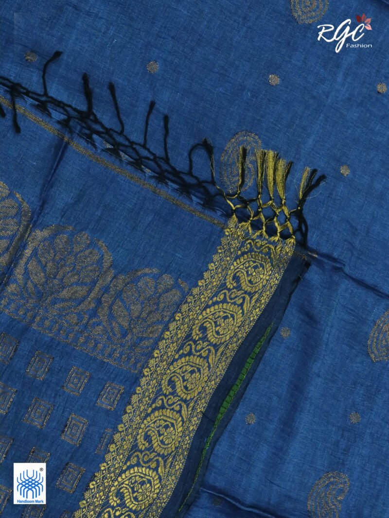 Greenish Blue Paisley Design Organic Linen Benarasi Saree - Image 4
