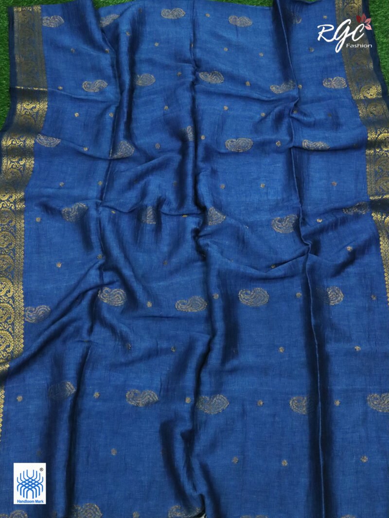 Greenish Blue Paisley Design Organic Linen Benarasi Saree - Image 3