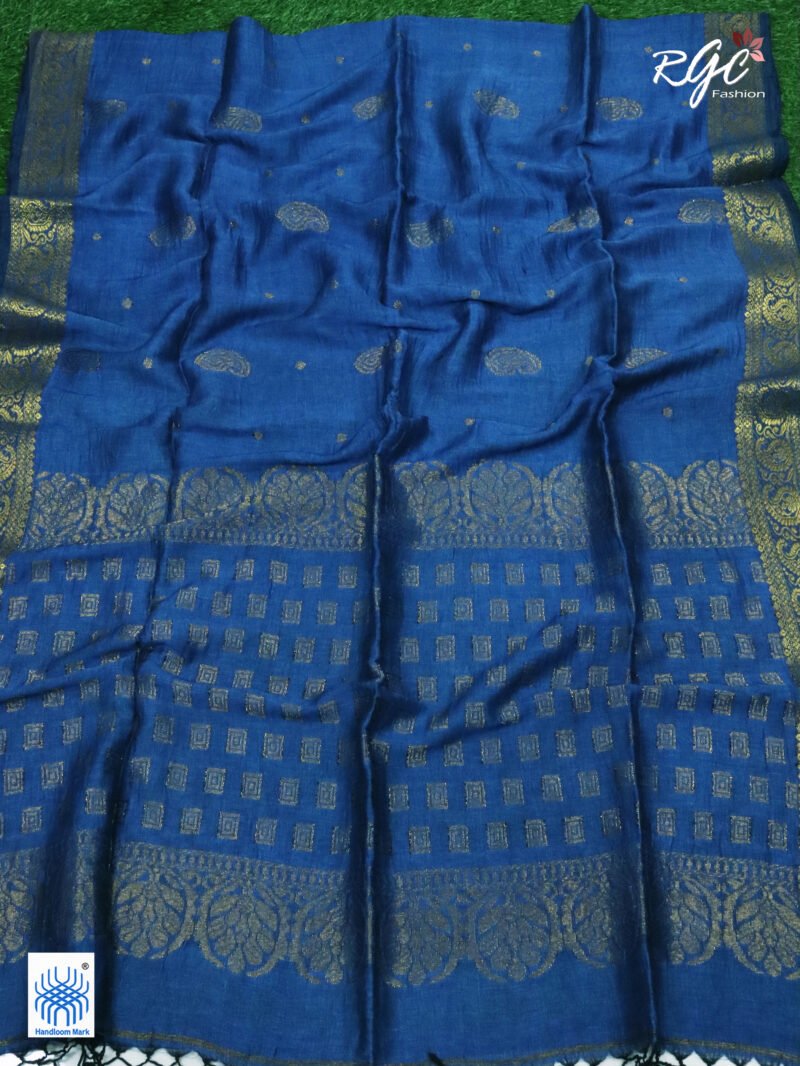 Greenish Blue Paisley Design Organic Linen Benarasi Saree - Image 2