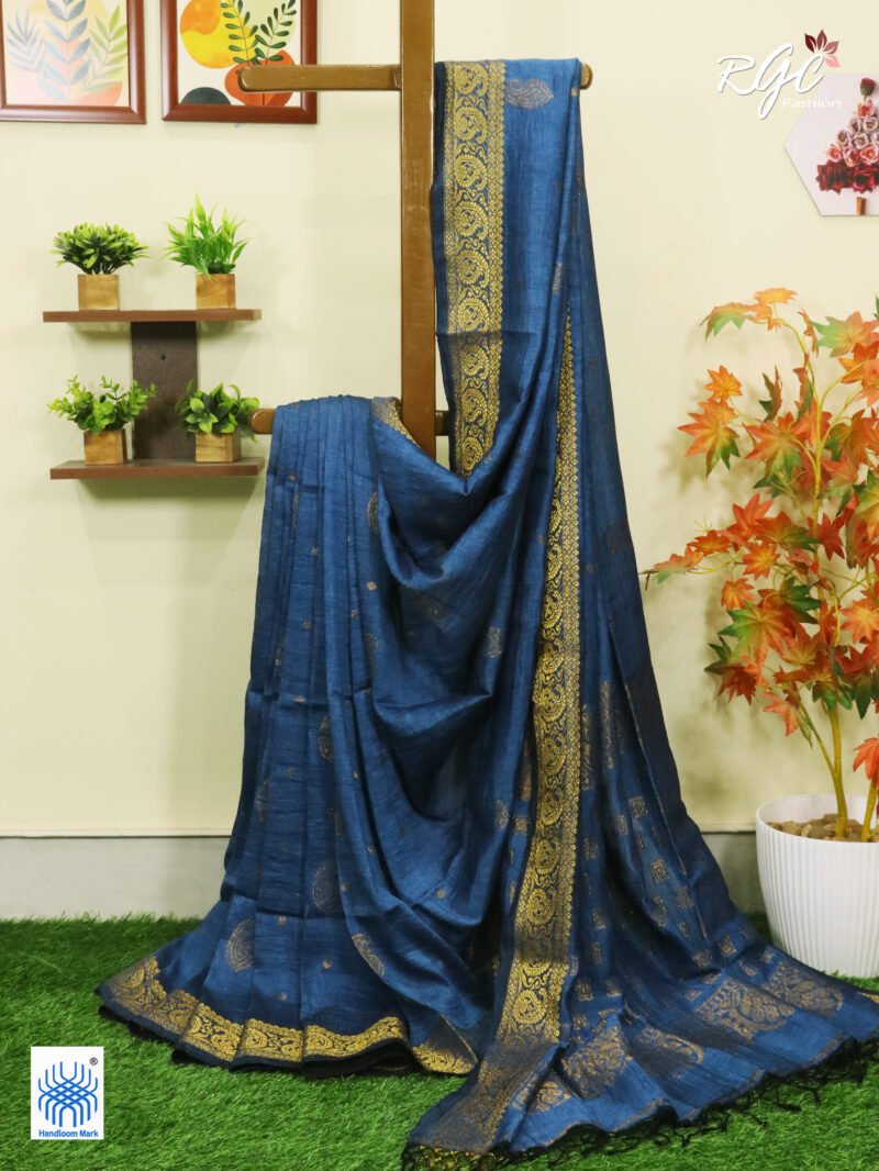 Greenish Blue Paisley Design Organic Linen Benarasi Saree