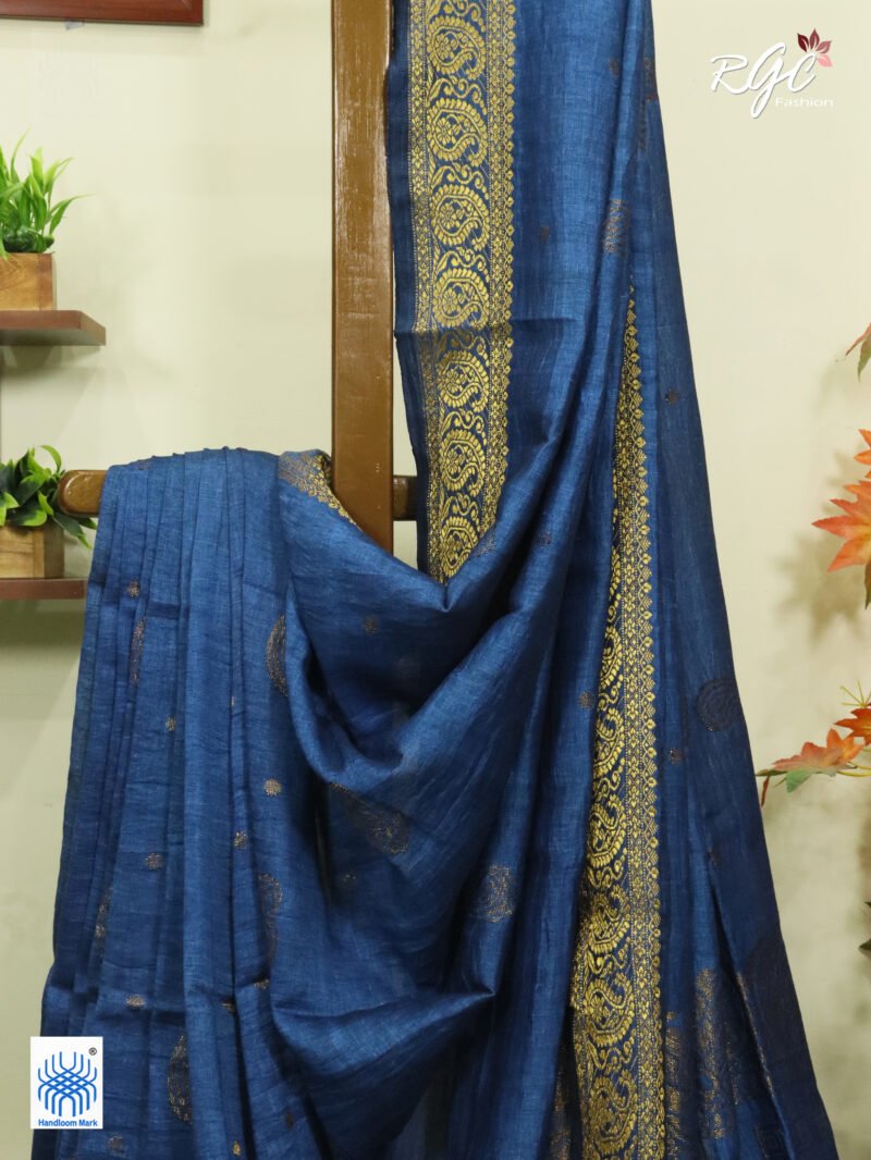 Greenish Blue Paisley Design Organic Linen Benarasi Saree - Image 5